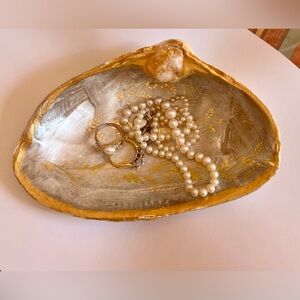 Hand Painted Shell Trinket Jewelry Dish W/ Polished Citrine Crystal & Gold Trim